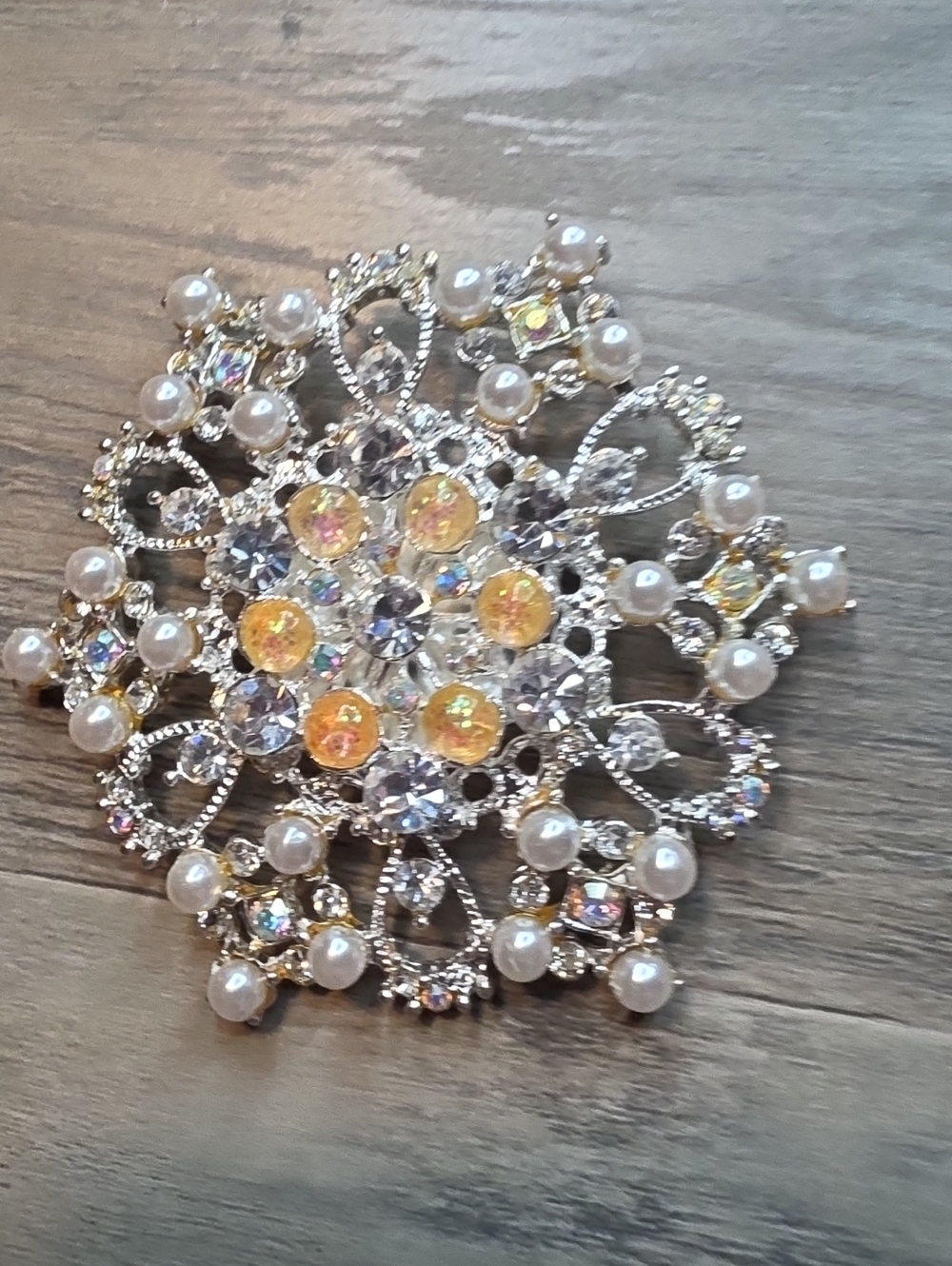 Gold and Pearl Statement Brooch with Iridescent Crystals
